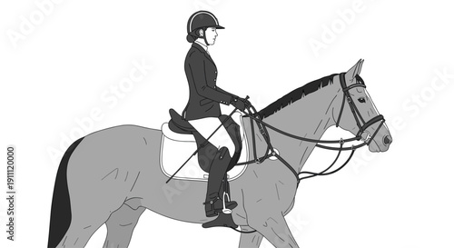 A rider in a helmet and formal attire sits atop a horse, performing a dressage movement in a grayscale illustration.
