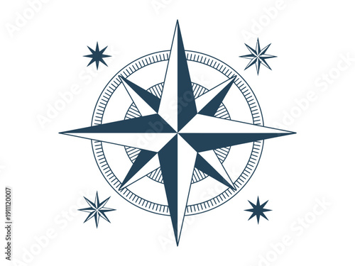 A stylized illustration of a compass rose with a starburst design on a white background