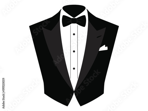 A sleek black tuxedo with a crisp white shirt and bow tie on a plain background