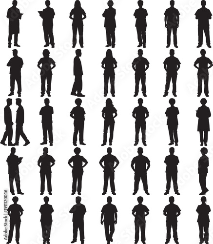 Silhouettes of People Standing in Various Poses Isolated on White Background