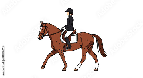 A rider in a black helmet and jacket on a brown horse performs a controlled dressage movement on a white background.