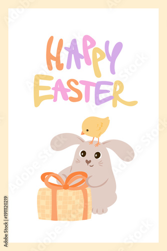 Happy Easter greeting card. Adorable rabbit and a chicken are holding a gift box. Vector illustartion.