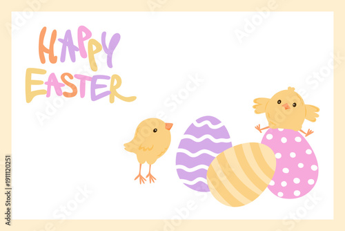 Happy Easter greeting card. Adorable chickens are playing with festive colored eggs. Vector illustartion.