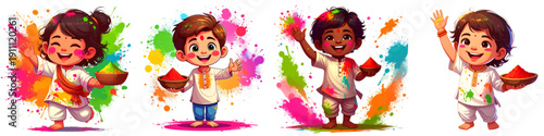 Colorful Flat Vector Illustration Set Showing Happy Kids Celebrating Holi with Bright Gulal Powder and Water Motion, Depicting Indian Cultural Joy and Friendship, Ideal for Holi Greeting Cards, Poster