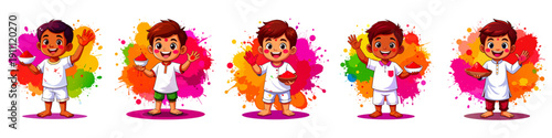 Set of Flat Vector Illustrations of Children Playing Holi with Color Powder and Water Splash, Representing Indian Festival Celebration, Happiness and Togetherness, Ideal for Holi Posters, Invitations 