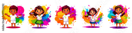 Bright Flat Vector Illustrations Showing Kids Celebrating Holi with Vibrant Color Powder and Water Play, Depicting Indian Cultural Festival Happiness, Ideal for Holi Posters, Invitations.