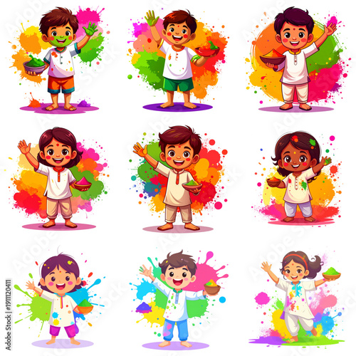 Festive Flat Vector Illustrations of Children Playing Holi with Multicolor Powder and Water Splashes, Representing Indian Festival Joy and Togetherness, Ideal for Holi Posters, Invitations & Greeting
