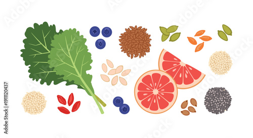 Fresh green kale, sliced grapefruit, blueberries, various seeds, and red goji berries are scattered on a white background.