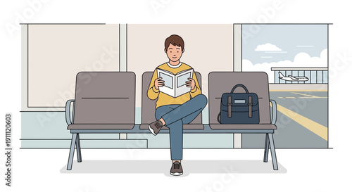 Man Reading Book While Waiting At Airport Departure Lounge With Airplane View