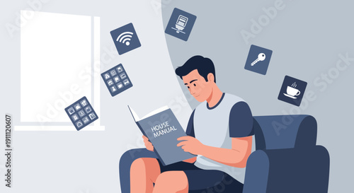 Man Reading House Manual Surrounded by Icons Representing Home Automation and Lifestyle Features