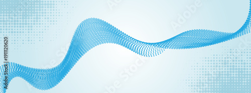 Wave of digital technologies. Abstract background with dots moving in space. White background with a wave of blue dots.
