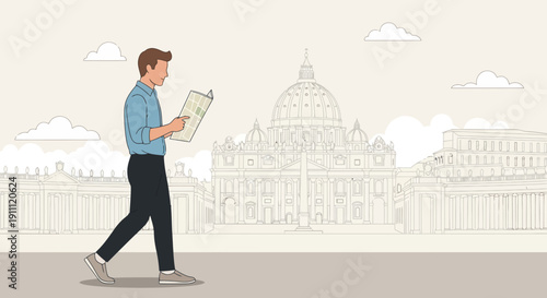 Man Reading Map With Iconic Architectural Landmark Background Travel Concept