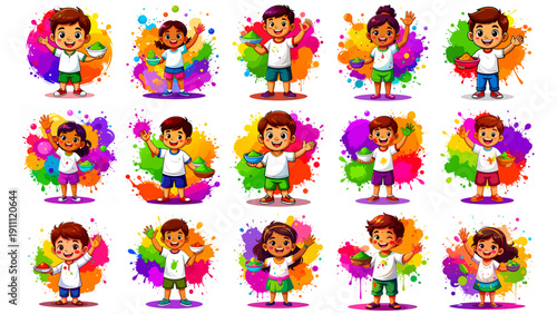 Flat Vector Illustration Set Showing Happy Children Celebrating Holi with Gulal Powder and Water Splash, Depicting Indian Cultural Joy and Friendship, Ideal for Holi Greeting Cards, Posters & Festival
