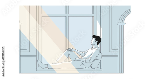 Man Relaxing By Window Bathed In Sunlight Minimalist Illustration