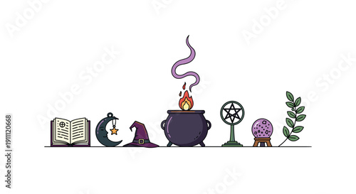 Lineup of magical items including an open spell book, crescent moon charm, witch hat, smoking cauldron, pentagram, crystal ball, and green branch.
