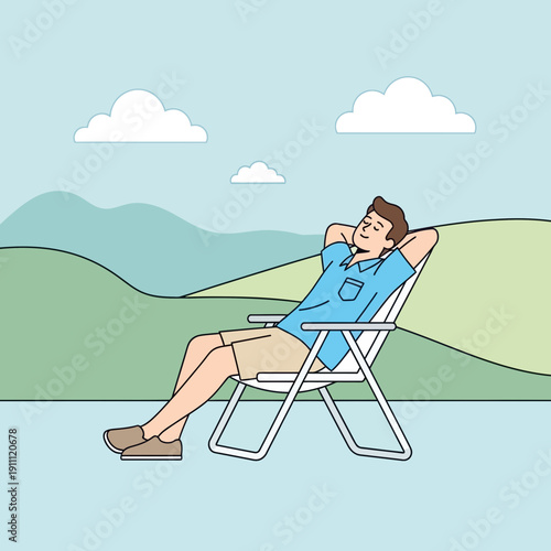 Man Relaxing In Folding Chair Outdoors Enjoying Peaceful Scenery And Sunny Day