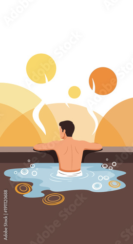 Man Relaxing In Hot Springs Enjoying Natural Steam And Bubbles