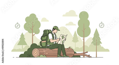 Man Resting On Log In Forest Consulting A Map And Backpack Adventure