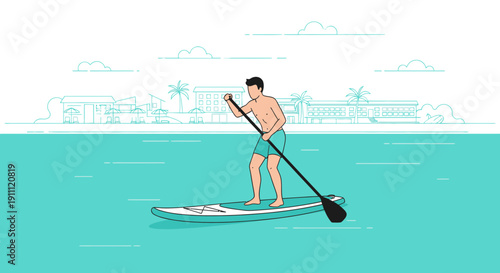 Man Standing On Paddleboard Enjoying Ocean Waters In Front Of Tropical Resort