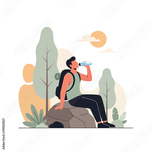 Man Resting Outdoors Refreshing After A Hike