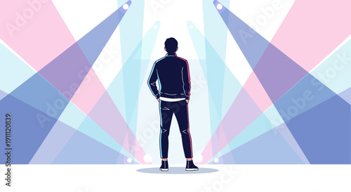 Man Standing Under Stage Lights Celebrating Achievement And Success
