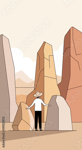 Man Stands Amidst Towering Rock Formations In A Desert Landscape