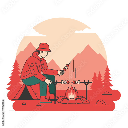 Man Roasting Food Over Campfire Adventure Scene