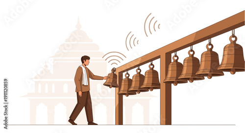 Man Rings Temple Bells For Spiritual Connection And Harmony