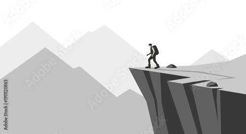 Man Stands On Edge Of Cliff Overlooking Mountain Landscape