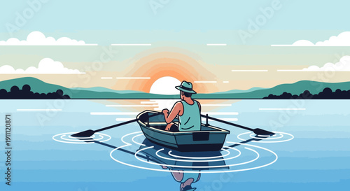 Man Rowing Boat In Calm Lake During Golden Sunset Scenic View