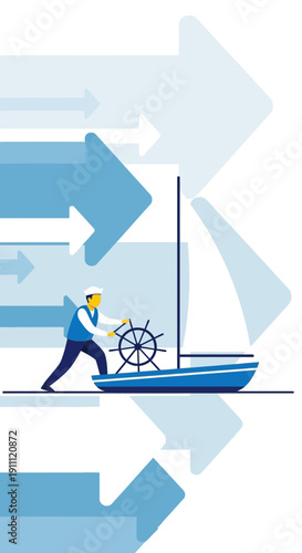 Man Steering Sailboat Navigating Forward Directional Arrows