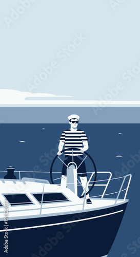Man Steering Sailboat Ocean Journey Nautical Lifestyle Adventure