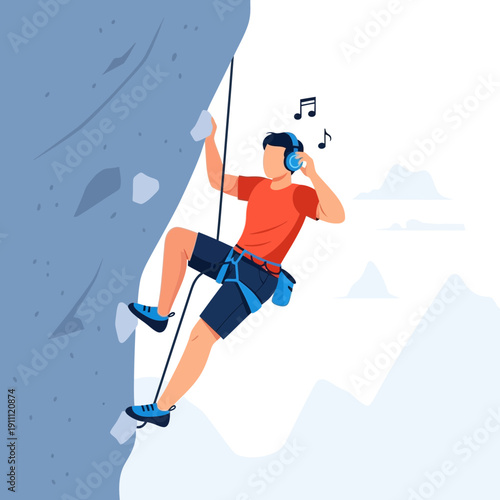 Man Rock Climbing While Listening To Music Enjoying Scenic Mountain Views