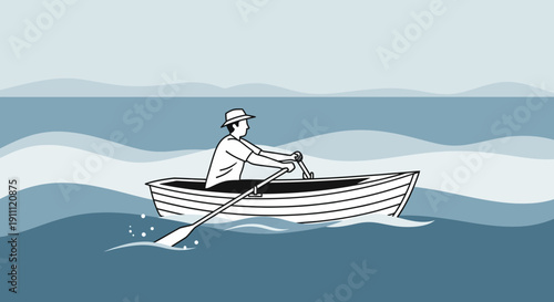 Man Rowing Boat Across Stylized Water In Simple Illustration