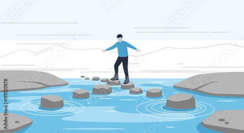 Man Stepping Stones Over Water In Minimalist Style