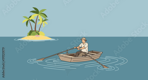 Man Rowing Boat Towards Tropical Island Scenic Illustration