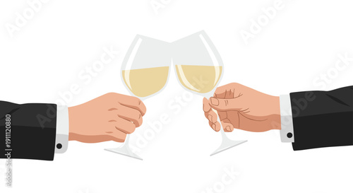 Two hands hold and clink elegant wine glasses filled with white wine, toasting during a festive celebration.