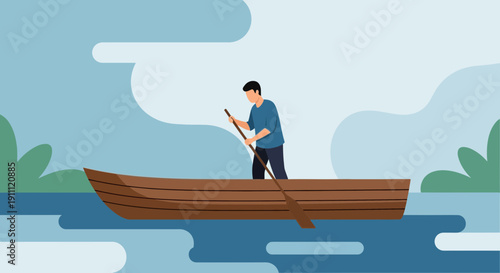 Man Rowing Wooden Boat Across Calm Water