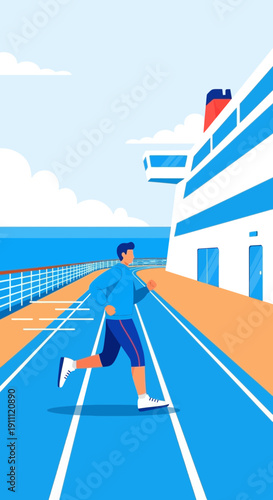 Man Running on Cruise Ship Deck Track Enjoying Ocean Views and Healthy Lifestyle