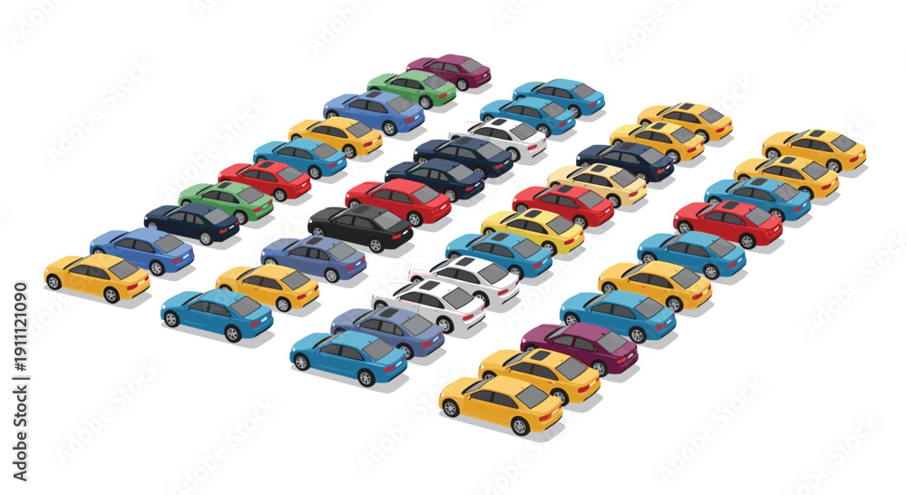 Fototapeta premium Numerous colorful cars are parked in organized diagonal rows within a large parking lot, viewed from an isometric perspective.