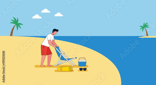 Man Setting Up Beach Chair And Cooler On Sandy Shoreline