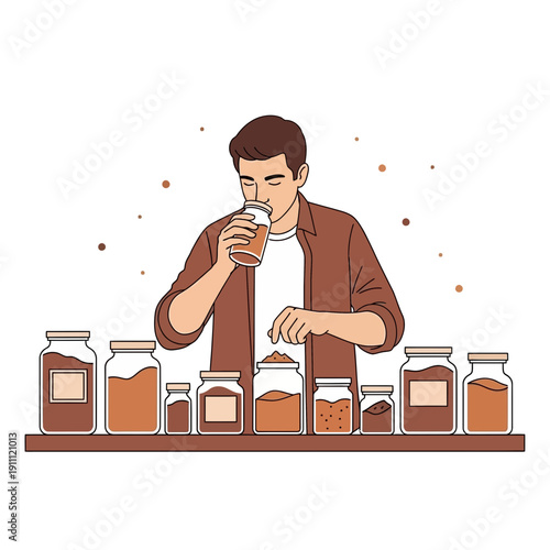 Man Tasting Coffee Beans From Assorted Jars