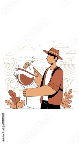 Man Tasting Large Wine Glass Amidst Vineyard Scenery