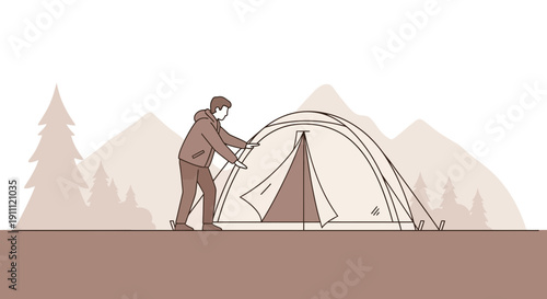 Man Setting Up Tent Amidst Majestic Mountain Scenery