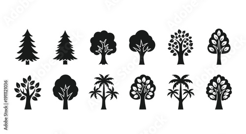 Tree silhouettes display various species types in a row.
