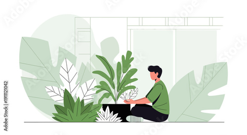 Man Tending To Lush Houseplants In A Serene Minimalist Setting