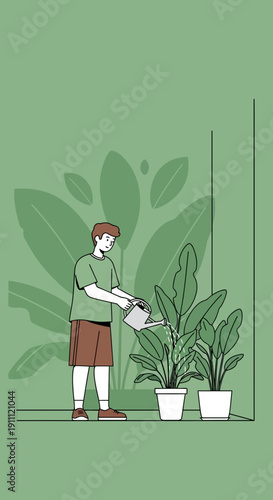 Man Tending To Indoor Plants Creating A Lush Green Sanctuary