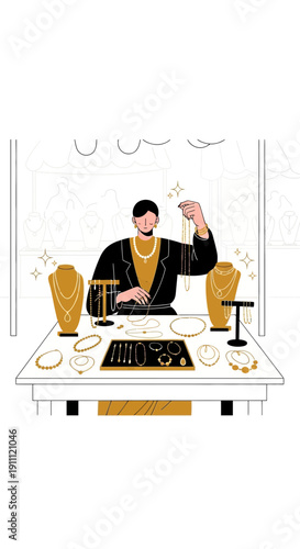 Man Showcasing Luxurious Golden Jewelry Creations with Sparkle Accents