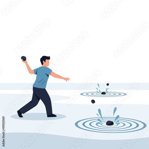 Man Throwing Rocks Creating Ripples on Water Surface
