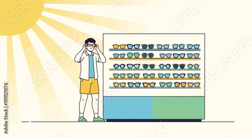 Man Tries On Sunglasses In Bright Sunny Display Stand